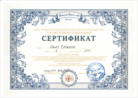Сертификат: Прояснение пранаямы, 200 часов, школа "Йога 108", Михаил Баранов, 2025